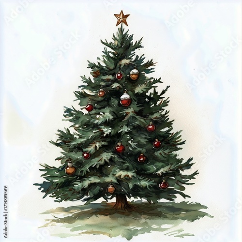 Winter Scene With a Snow-Covered Pine Tree Standing in a Serene Landscape.