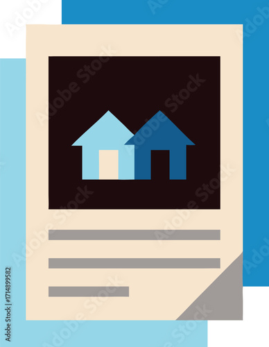 Vector art of document with two house icons, representing property details or real estate information, isolated on a blue background
