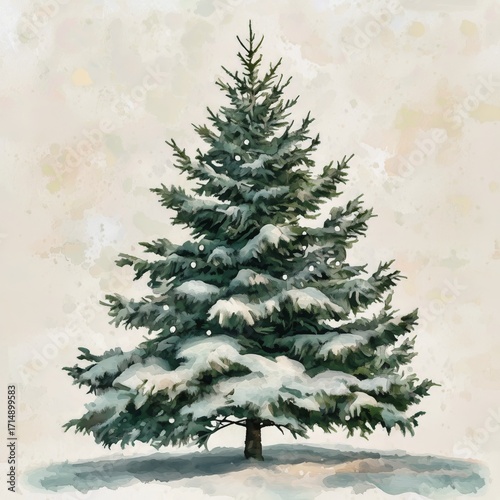 Winter Scene With a Snow-Covered Pine Tree Standing in a Serene Landscape