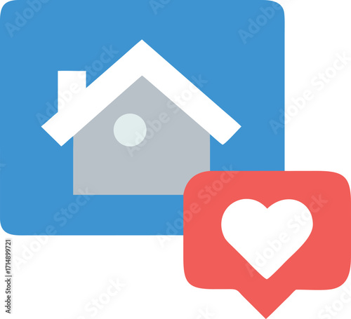 Vector art of a graphic representation of a house icon with a heart symbol in a speech bubble, symbolizing love for home, real estate, or a beloved residence, isolated on a
