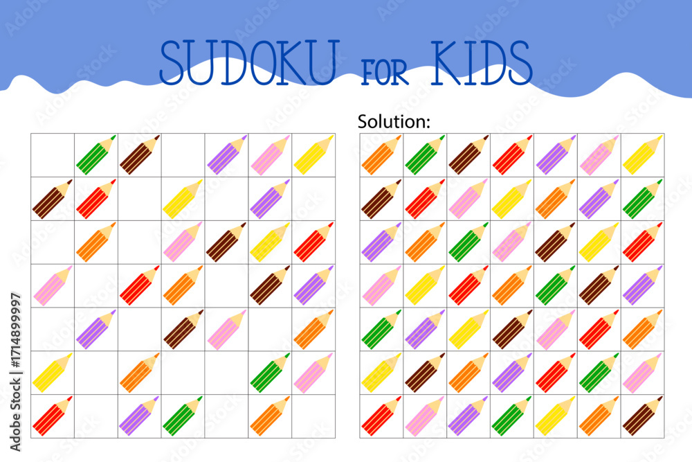 Obraz premium Colour pencils school stationary objects sudoku educational game or leisure activity worksheet illustration, printable grid to fill in missing images, winter, puzzle with solution, teacher resources