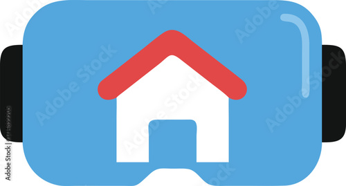 Vector art of virtual reality headset displaying a simple house icon, symbolizing immersive real estate experiences or virtual tours
