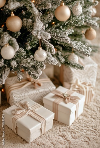 Holiday Gifts Wrapped Elegantly Under a Decorated Christmas Tree With Soft Go...