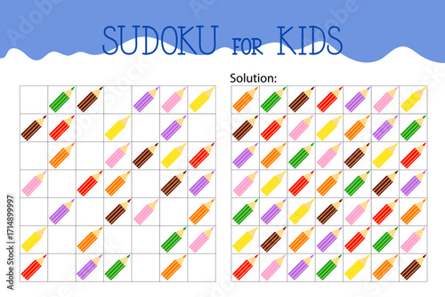 Colour pencils school stationary objects sudoku educational game or leisure activity worksheet illustration, printable grid to fill in missing images, winter, puzzle with solution, teacher resources