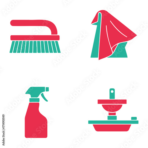 A set of four cleaning icons featuring a scrub brush, a folded towel, a spray bottle, and a plunger in a basin, all in red and teal colors.