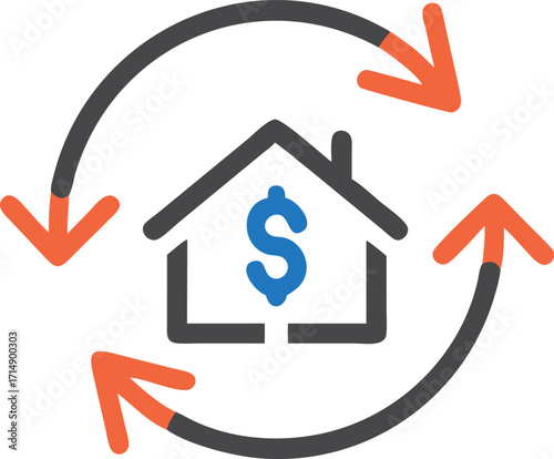 Vector art of icon of a house with a dollar sign inside, surrounded by a circular arrow, representing real estate investment and financial transactions
