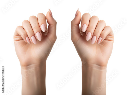 two Graceful woman Hands with Perfectly Manicured Pink Nails, Poised and Delicate