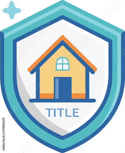 Vector art of shield icon with a house and the word title inside, representing property title and ownership protection

