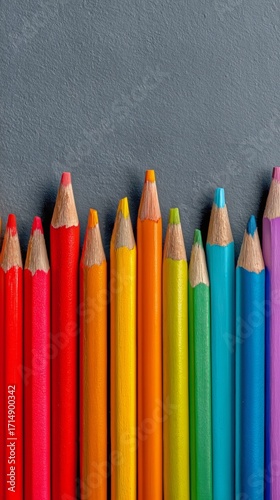 Colorful Pencils Arranged in a Neat Row on a Gray Surface Create a Vibrant an...