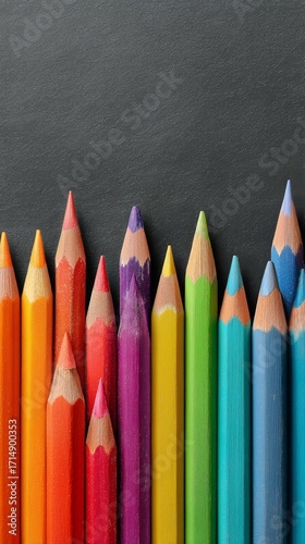 Colorful Pencils Arranged in a Neat Row on a Gray Surface Create a Vibrant an...