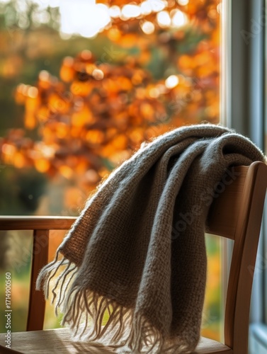 Cozy Blanket Draped Over a Chair With Autumn Leaves in the Background at Gold...