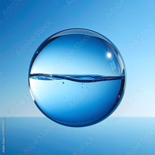 Floating sphere of water against a blue sky