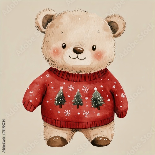 Cute Bear in Red Christmas Sweater With Trees, Perfect for Holiday Decoration...