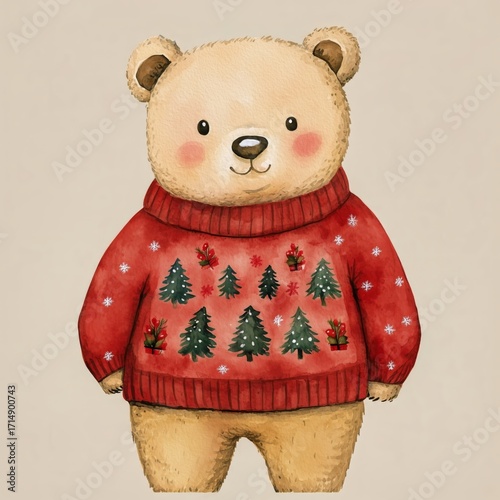 Cute Bear in Red Christmas Sweater With Trees, Perfect for Holiday Decoration...