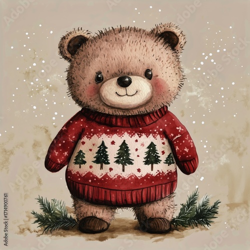 Cute Bear Wearing a Red Sweater With Winter Trees and Snowflakes in a Cozy Se...