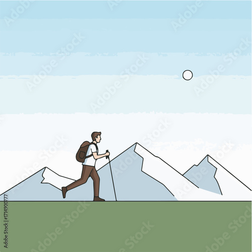 Man Trekking with Poles in Mountain Landscape