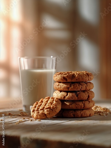 Cookies Stacked Next to a Glass of Milk on a Rustic Wooden Surface With Warm ...