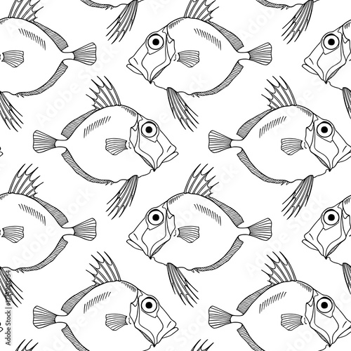 Vector seamless pattern hand drawn illustration of funny fish made in graphic cartoon style. Ink drawing, beautiful design elements. Perfect print for any business related to the fish industry.