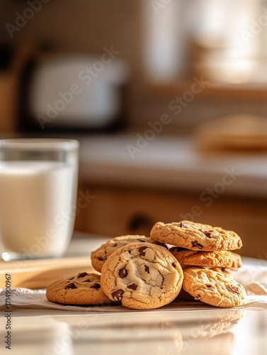 Cookies Stacked Next to a Glass of Milk on a Rustic Wooden Surface With Warm ...