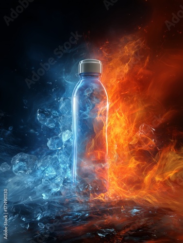 Bottled Energy in Dynamic Blue and Orange Flames With Smoke Background at Nig...