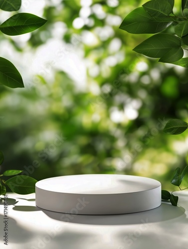 White Display Platform Surrounded by Lush Green Leaves in Natural Light