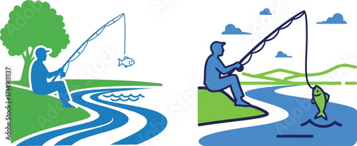 Graphic Illustrations of a Person Fishing by a River in Natural Landscapes