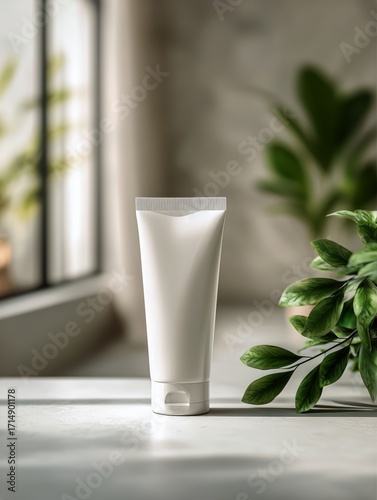 Natural Light Highlights a White Tube on a Table Next to Green Leaves in a Se...