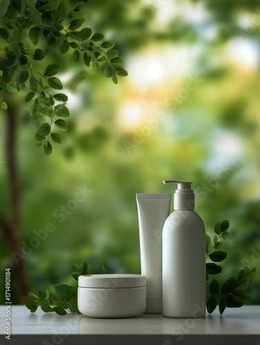 Natural Skincare Products Arranged on a Table Surrounded by Greenery in Soft ...