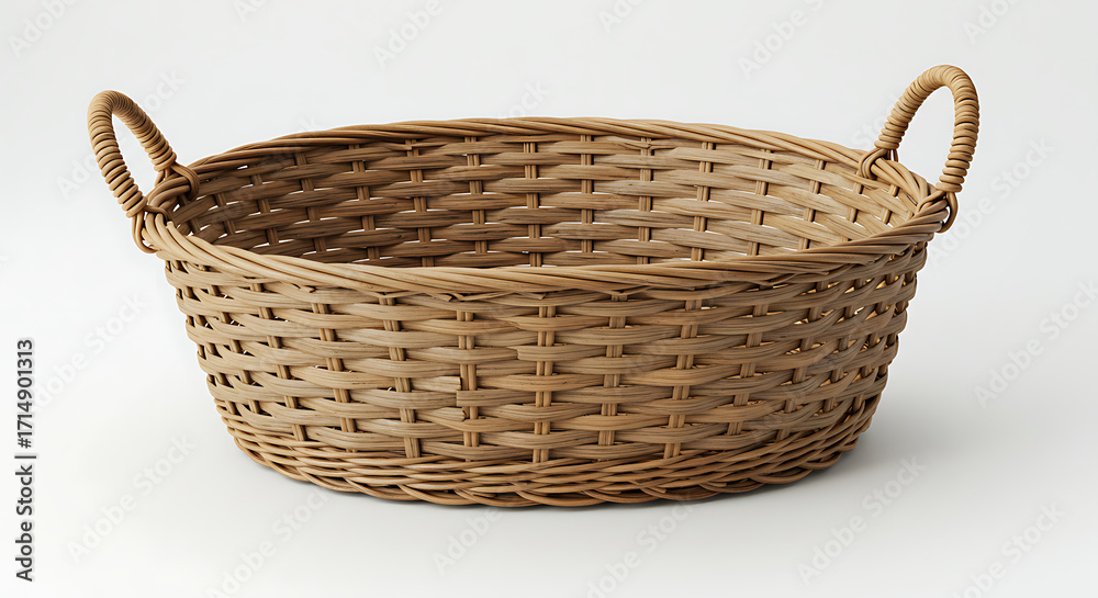 Obraz premium Woven oval basket with handles, isolated on white background