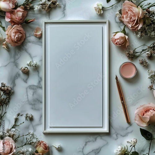 Elegant Arrangement of Roses and Golden Stationery on a Marble Background Wit...