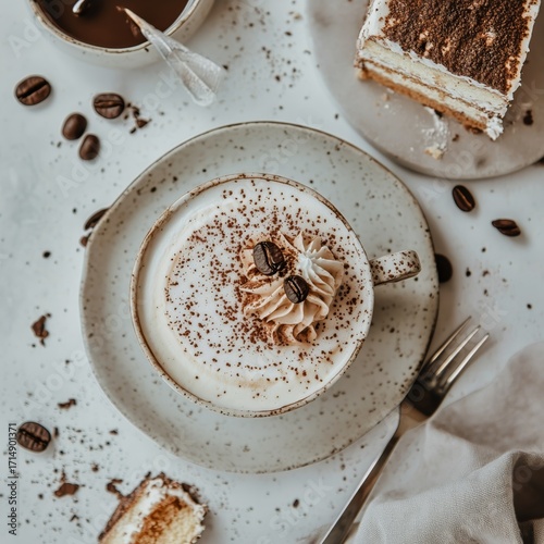 Delicious Coffee With Dessert on White Background Served With Coffee Beans.