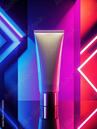 Brightly Lit Cream Tube on a Reflective Surface With Neon Light Patterns in a...