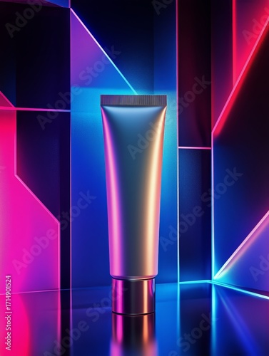 Colorful Cosmetic Tube on a Reflective Surface With Neon Lights in a Modern S...