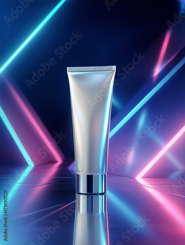 Colorful Cosmetic Tube on a Reflective Surface With Neon Lights in a Modern S...