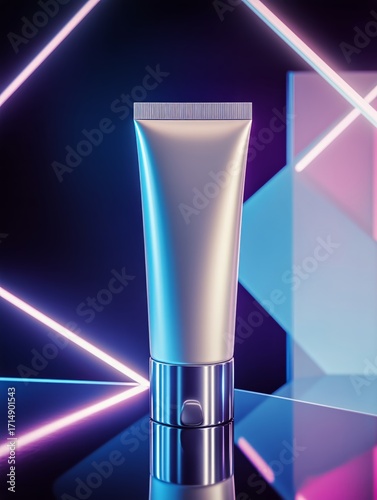 Modern Cosmetic Tube Displayed Against Colorful Neon Lights on a Reflective S...