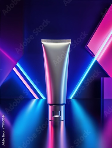 Modern Cosmetic Tube Displayed Against Colorful Neon Lights on a Reflective S...