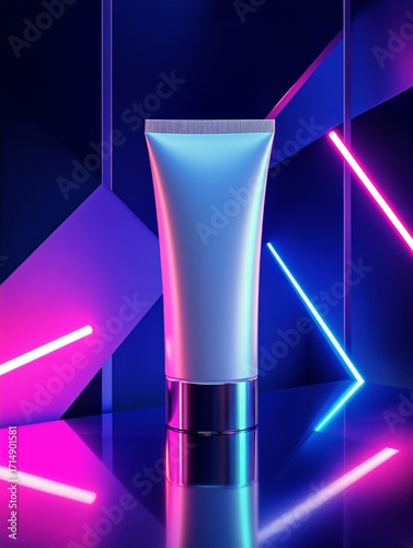 Stylish Skincare Product Displayed With Colorful Neon Lights on a Reflective ...
