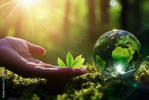 Hands Nurturing a Young Plant Near a Globe Reflecting a Bright Forest Setting