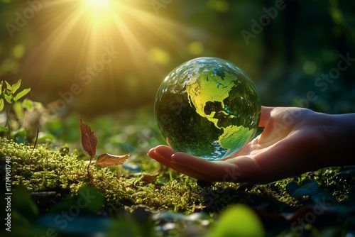 Hands Nurturing a Young Plant Near a Globe Reflecting a Bright Forest Setting.