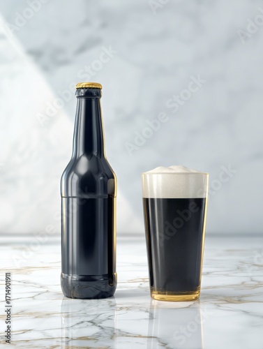 Dark Beer in a Bottle and Glass on a Marble Surface