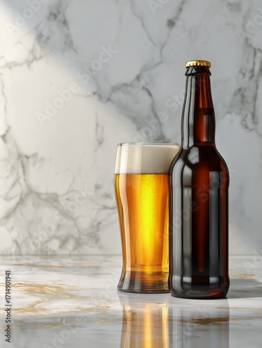 Dark Beer in a Bottle and Glass on a Marble Surface.