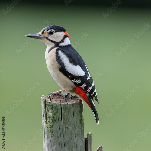 A somewhat bedraggled Greater Spotted Woodpecker on a broken fence post. Passeriformes, Piciformes, Picidae, Dendrocopos, Dendrocopos major