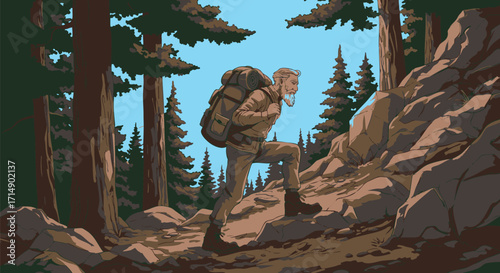 Hiking Adventure Man Ascending a Mountain Trail with Backpack