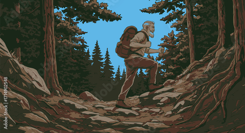A solitary hiker with a backpack ascends a rocky forest trail, surrounded by tall trees under a clear blue sky