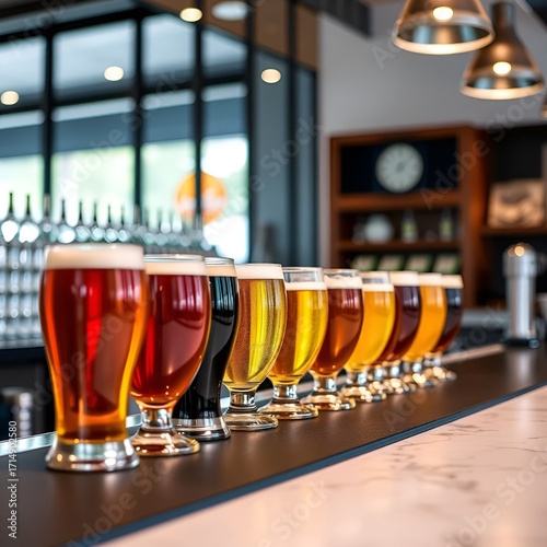 Assorted Beer Glasses Aligned on Bar Counter