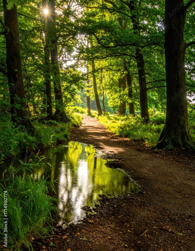 Obraz premium Sunlit woodland path reflecting in a puddle