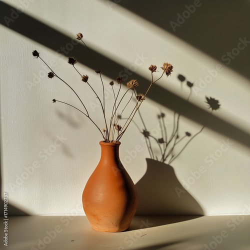 Terracotta Vase With Dried Flowers Casting Shadows in Soft Light