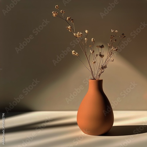 Beautiful Clay Vase With Dried Flowers Casting Shadows in Warm Light.