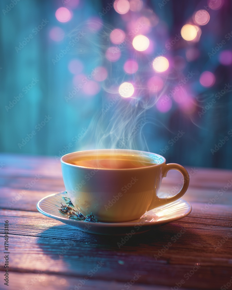 Obraz premium Creative stock photo concept visual background Cozy Tea Time with Steaming Cup and Colorful Bokeh Background A steaming cup of tea sits on a wooden table, surrounded by a vibrant and colorful bokeh