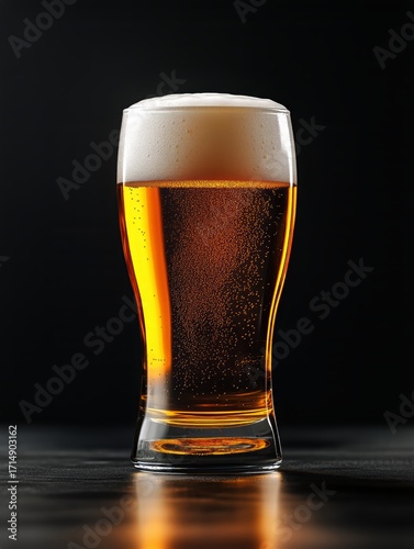 Fresh Cold Beer in a Glass With Foam on Top Against a Dark Background.
